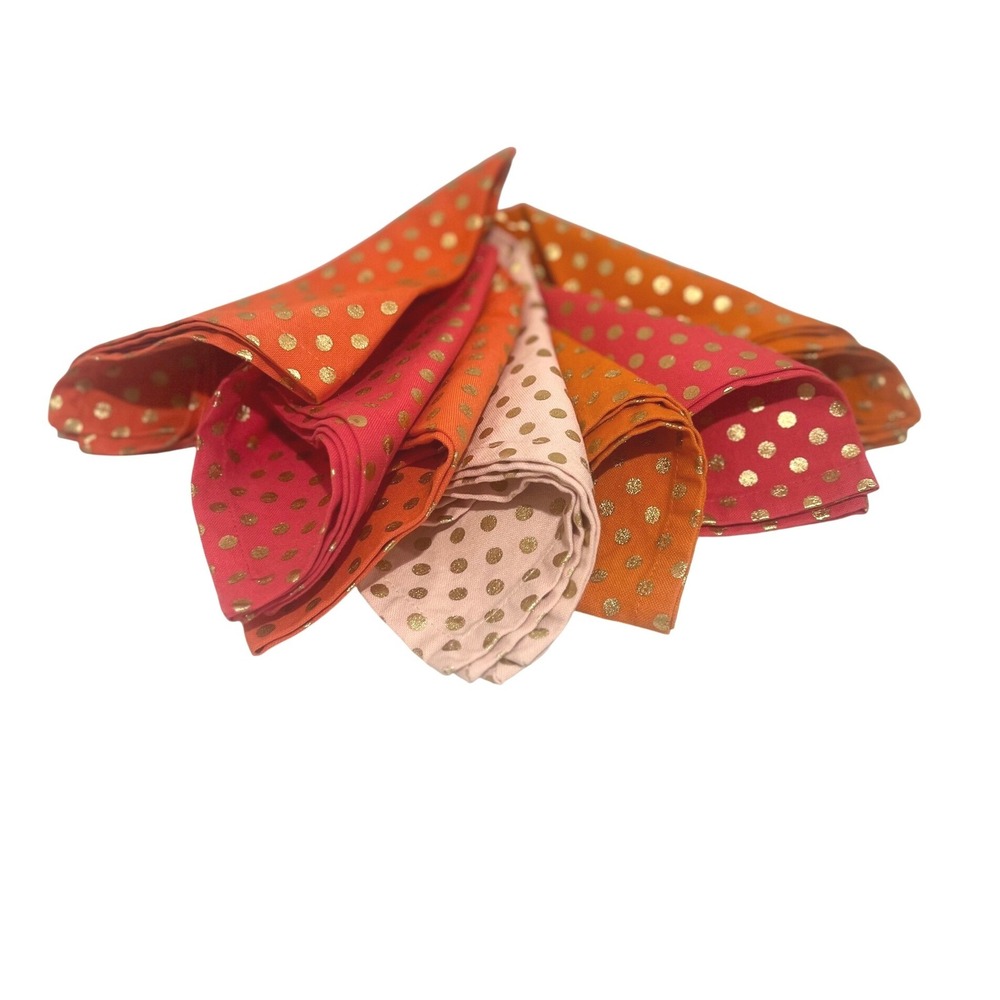 Napkin Set Multicolor Orange Pink Metallic Gold Polka Dot Summer Table Decor 7pc